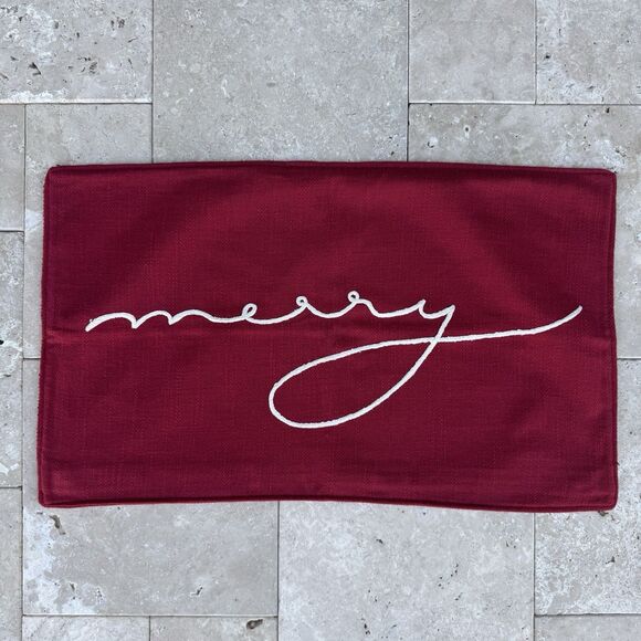 Pottery Barn Merry 16" x 26" Lumbar Throw Pillow Cover Christmas Red Holiday - Picture 1 of 7